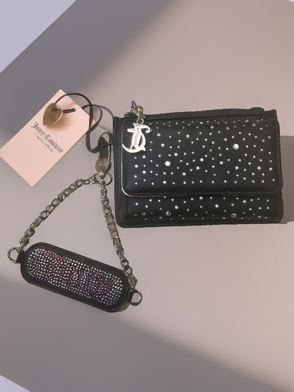 Juicy Couture Black Crystal-Studded Wristlet Wallet with Chain Charm